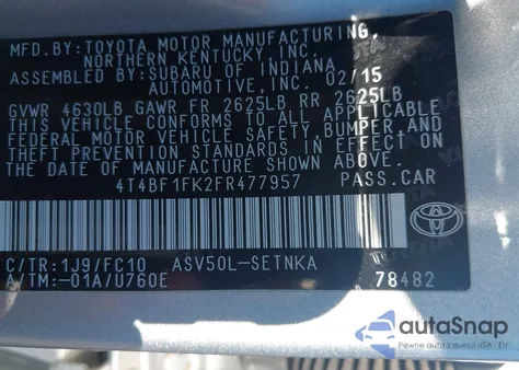 2015 Toyota Camry Le/Xle/Se/Xse z USA, uszkodzony, nr VIN 4T4BF1FK2FR477957